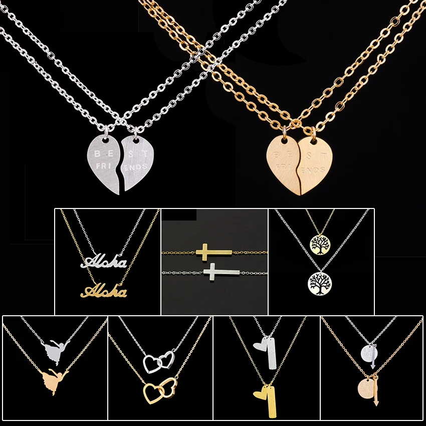 

Hot Sale Boho Jewelry Collier Stainless Steel Chain Cross Aloha Best Friends Double Heart Pendants Choker Necklaces For Women