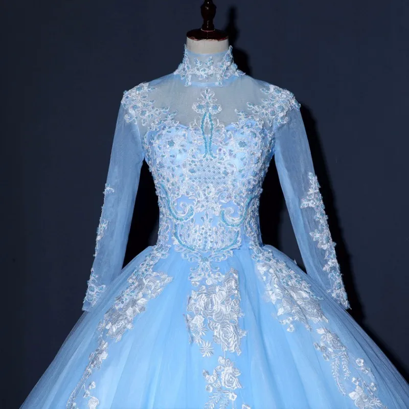 Vestido de Novia, мусульманское свадебное платье с длинным рукавом, бальное платье, свадебное платье с высоким воротом, голубые кружевные свадебные платья с аппликацией