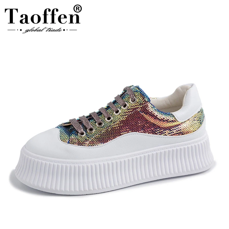 

Taoffen Bling Women Genuine Leather Vulcanized Shoes Lace Up Round Toe Thick Bottom Shoes Trend Women Sneakers Size 35-42