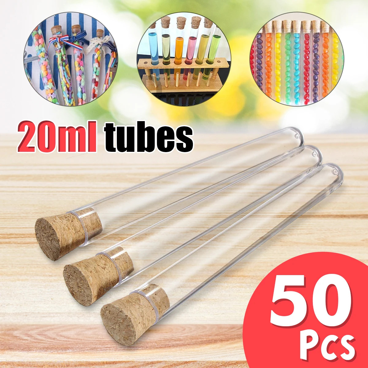50PCS 20ml Transparent Plastic Test Tubes With Corks Stoppers Clear