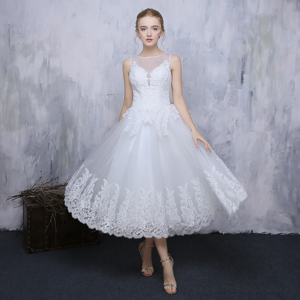 Новое простое кружевное свадебное платье белое платье длиной до середины икры с открытой спиной Элегантное свадебное платье для свадьбы, банкета, формального торжества, Недорогое Платье