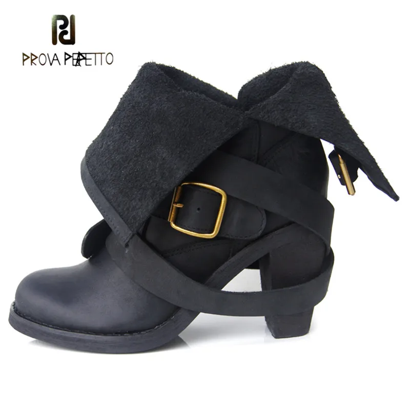 Prova Perfetto Retro Design Genuine Leather Metal Buckle High Heel Martin Boots Classics Roend Toe Chunky Heel Women Short Boots Prova Perfetto Retro Design Genuine Leather Metal Buckle High Heel Martin Boots Classics Roend Toe Chunky Heel Women Short Boots