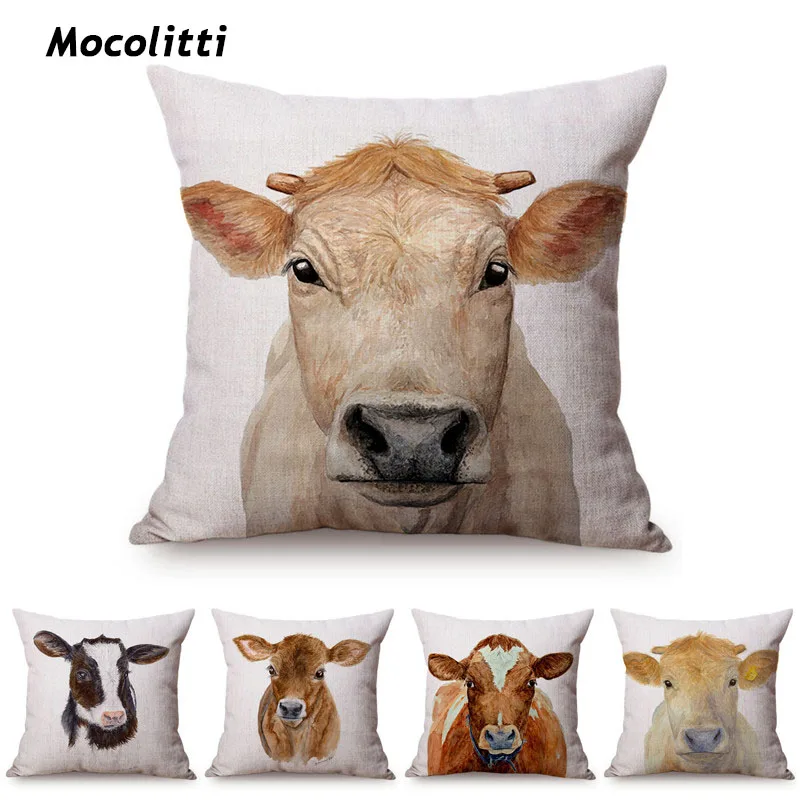 

Caucasus Cow Farm Animal Watercolor Home Decorative Throw Pillow Case Brown Yak Cattle Cotton Linen Car Chair Seat Cushion Cover