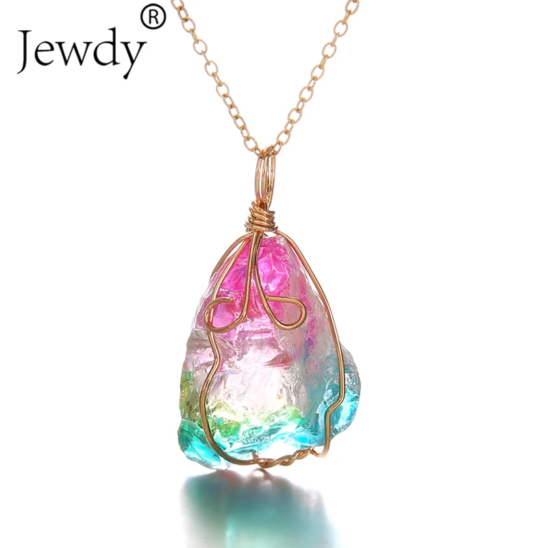 

Jewdy Colorful Large Rough Stone Pendant Necklace Wire Wrapped Irregular Natural Minerals Stone Necklace Send In Random