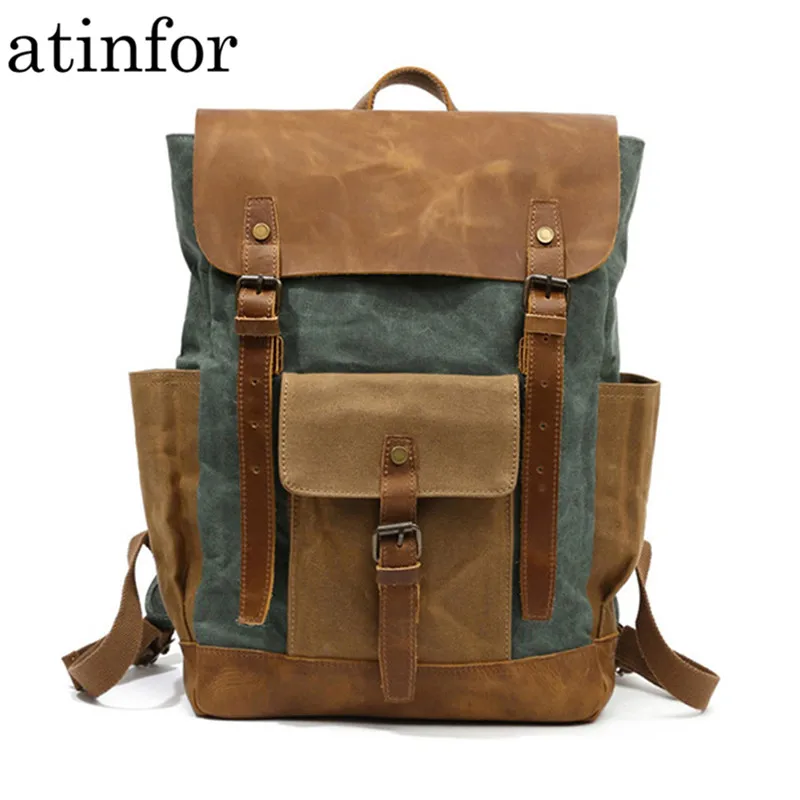 

Waterproof Oil Wax Canvas with Crazy Horse Cow Leather Backpacks Vintage Unisex Travel Rucksacks 15" Laptop Daypacks