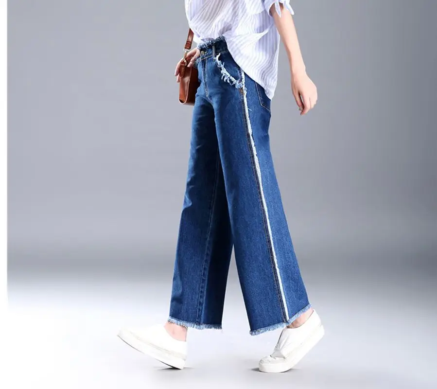 Дамы Плюс Размеры сбоку кисточкой синие джинсы более Размеры D широкие лодыжки Длина джинсовые штаны Кисточки из бахромы расклешенные