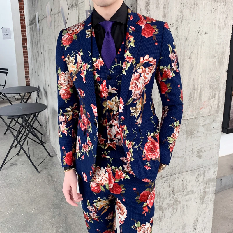 Slim Fit с цветочным принтом костюмы для мужчин элегантный синий мужской свадебный