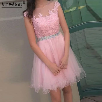 

Pink 2019 Cocktail Dresses A-line Cap Sleeves Short Mini Tulle Lace Beaded Party Plus Size Homecoming Dresses
