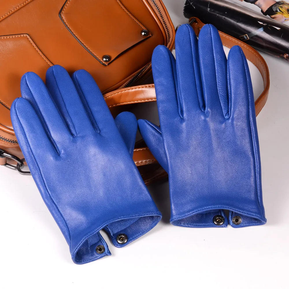 US $23.80 Mens 100 Real Leather Sheep Skin Shrink Wrist Blue Unlined Police Tactical Short Gloves Wrist Button Gloves Gloves