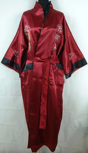 Двусторонний черный, красный китайский Мужской Атласный халат традиционная вышивка Пижама с драконом кимоно банное платье S M L XL XXL XXXL MP073 - Цвет: Burgundy Black