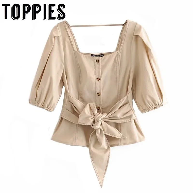 

2019 Sexy Square Collar Khaki Shirts Backless Vacation Boho Tops Lace Up Bow Waist Summer Short Button Shirts Womens