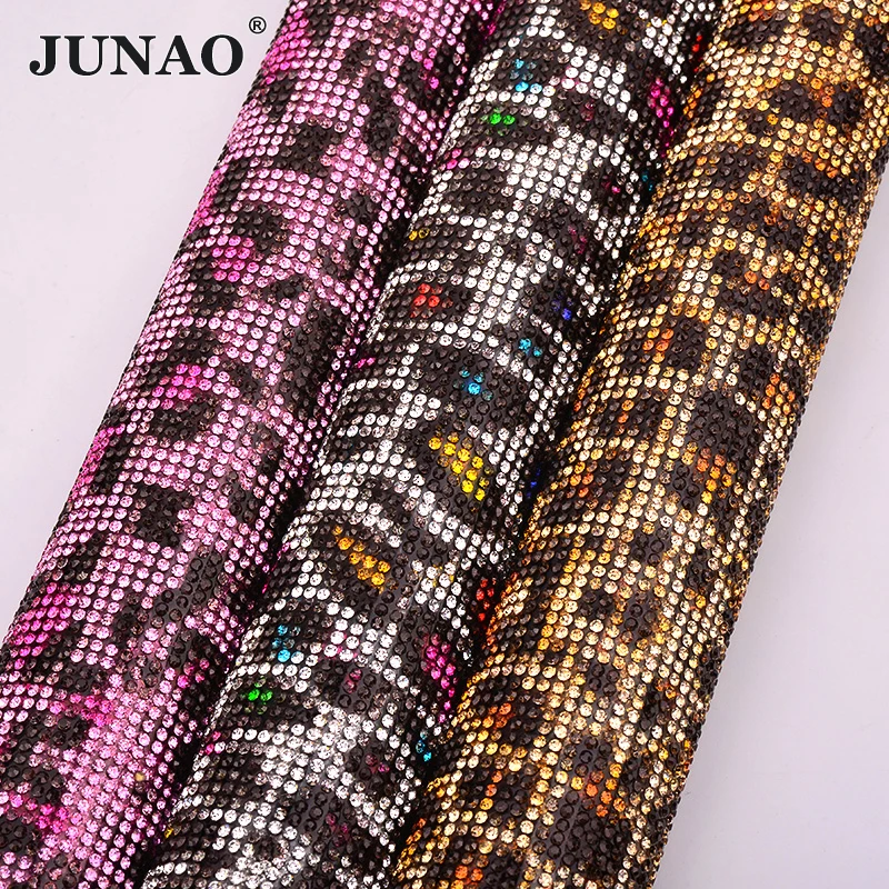 JUNAO 24x40 см цветной Леопардовый Кристалл сетка самоклеящиеся стразы ткацкий лист стекло алмаз декоративные стразы лента для платья Ремесло