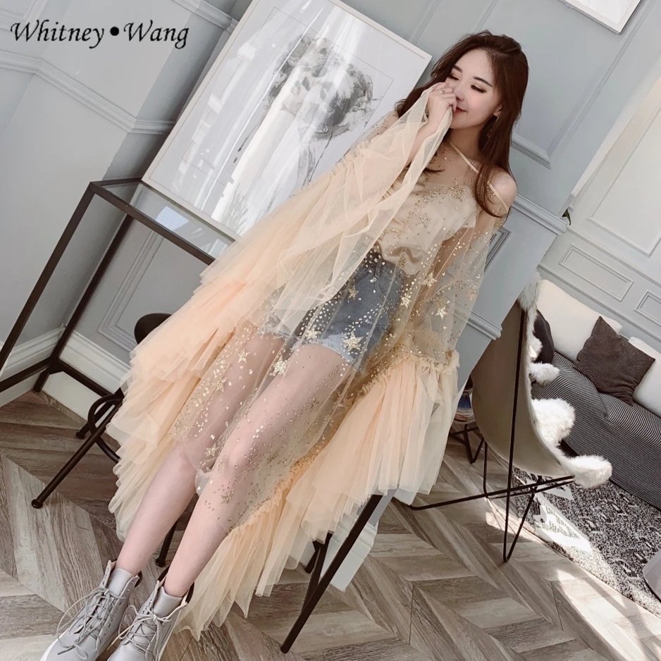 Летнее модное уличное платье WHITNEY WANG 2019 2 шт. Сетчатое с большими расклешенными