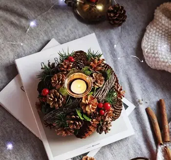 

Pine Cones Christmas Wreath Ring Glass Candle Holders with Berries Branch Leaves Farmhouse Candle Holders Xmas Tabletop Decor
