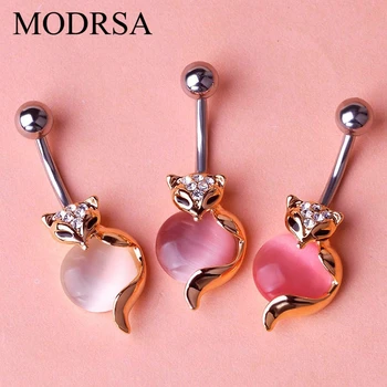 

MODRSA 1Piece Pink Rhinestone Fox Dangle Navel Ring Stainless Steel Belly Button Rings Body Jewelry Piercing Nombril Ombligo