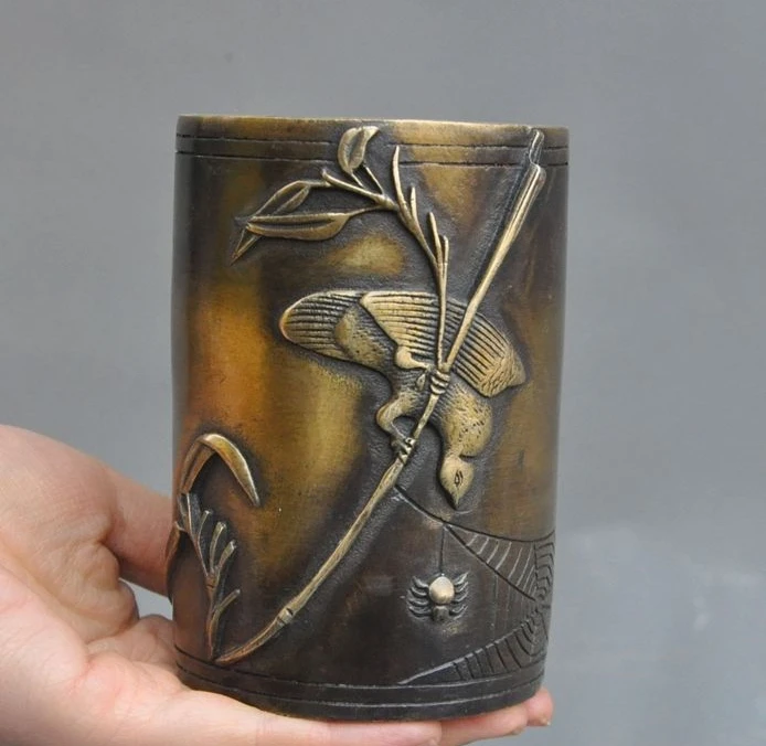 

Marked Chinese China pure bronze spider Bird Bamboo Statue brush pot pencil vase