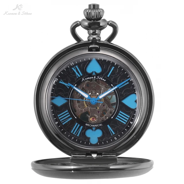 KS Retro Skeleton Poker Face Roman Analog Blue 17 Jewel Black Mechanical Pocket KS Retro Skeleton Poker Face Roman Analog Blue 17 Jewel Black Mechanical Pocket