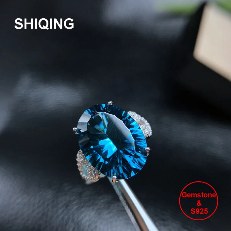 

SHIQING High quality nature topaz s925 silver heart big blue gemstone ring for women