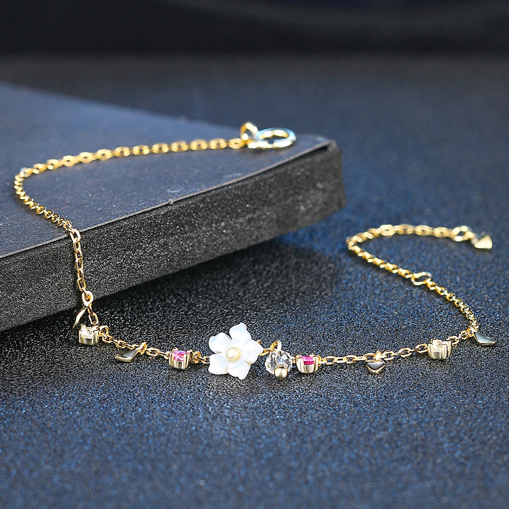 Kopen LAMOON 925 Sterling Zilveren Armband Vrouwen Edelsteen Rode Korund Shell Bloem Sieraden Real Vergulde Fijne Sieraden LMHI056