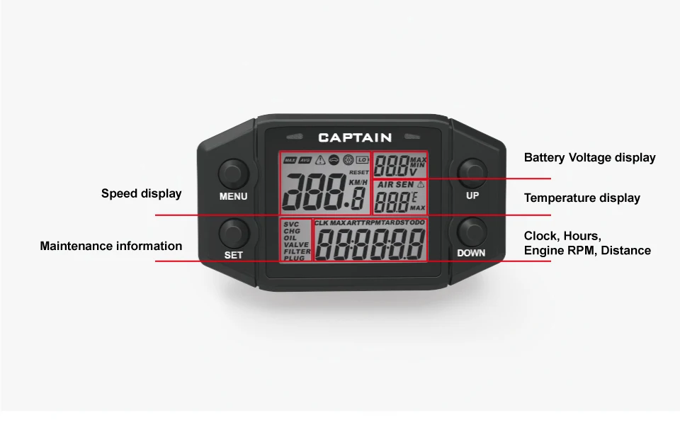 Multifunction Hour Meter Digital Self Powered Engine tachometer Speed Meter with Voltmeter Service Reminder Gauge