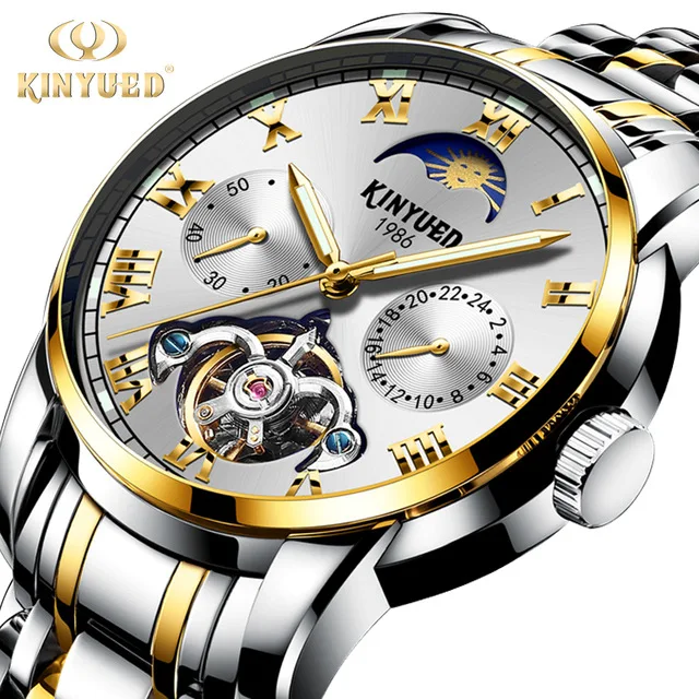

KINYUED Moon Phase Skeleton Watch Men Chronograph Stainless Steel Top Brand Mechanical Watches Automatic Tourbillon montre homme