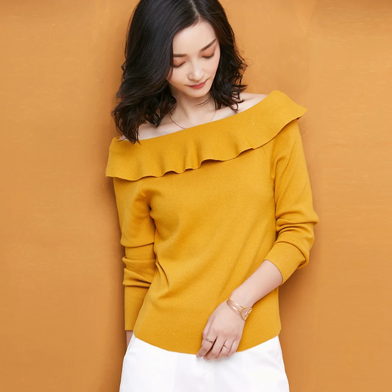 

Women Sweater Pullovers Off Shoulder Slash Neck With Ruffles Female Cashmere Blend Top Caraco Kaschmir Casual Sweet Slim Coat
