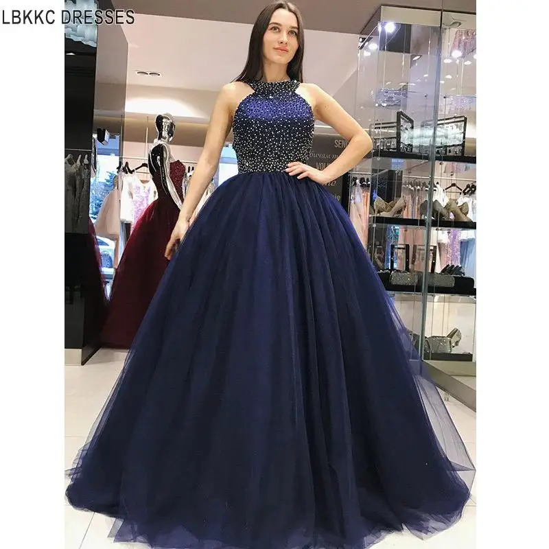 

Navy Blue Ball Gown Prom Dress Open Back Beadings Tulle Women Elegant Formal Evening Dresses Vestidos Para Fiestas De Gala 2019