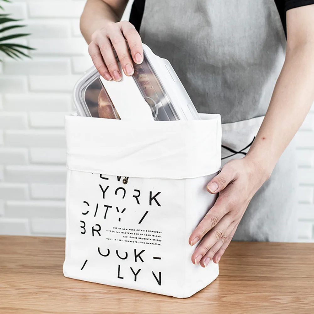 

White Canvas Lunch Bag Drink Fruit Food Storage Insulated Bag Student Portable Picnic Lunch Box Organizer Pouch