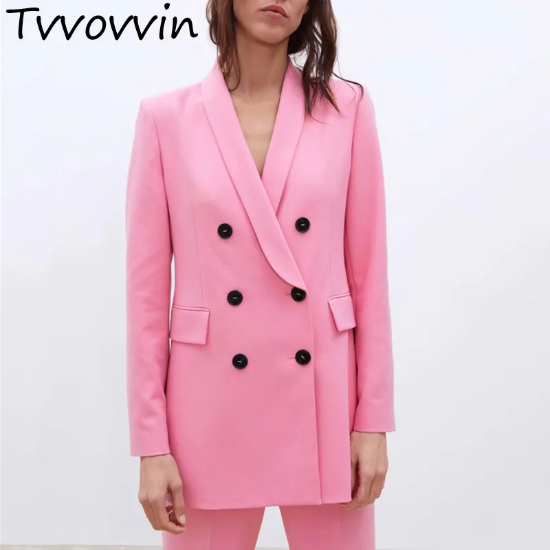 

TVVOVVIN Stylish Pink Blazer Double Breasted Pockets Long Sleeve 2019 Casual Solid Coat Female Office Wear Outerwear Tops 9027