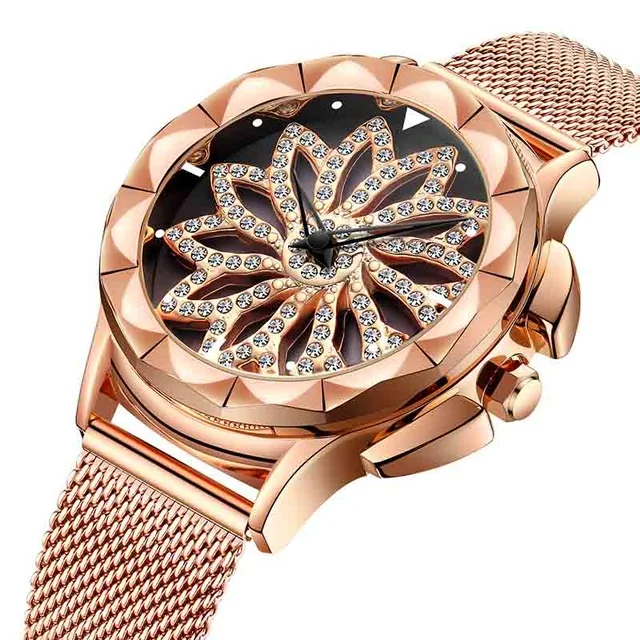 

Rose Golden Women Watch BIDEN Luxury Crystal Full Rhinestone Flower Dial Design Steel Mesh Band Waterproof Dresses Ladies Watch