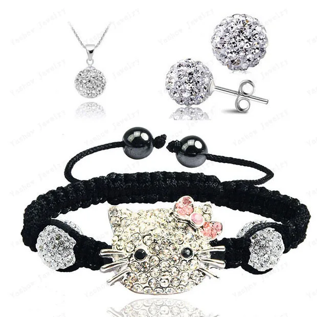 Hello Kitty Fashion Shamballa Sets Shamballa Bracelet & Earrings & Pendant Micro Pave CZ Disco Ball Beads Shamballa Jewelry