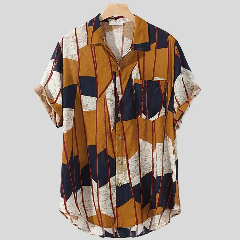 

Shirt Men Multicolor Lump Chest Pocket Short Sleeve Round Hem Loose cotton Linen Hawaiian Shirts Blouse Streetwear HOT SALE