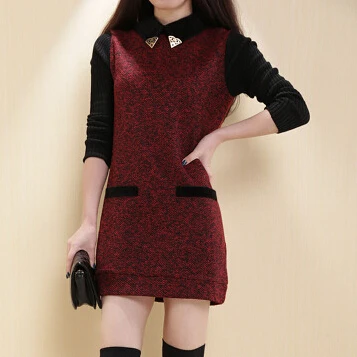 

spring new women's large size long-sleeved knit dress stitching Slim lapel OL mini dress