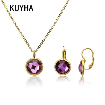 

New Design Choker Earring Purple and Gold Men's Round Crystal Pendants Necklace Fashion Collar Bar Statement Jewelry Set