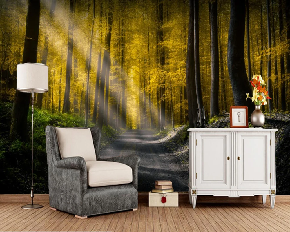 Papel де parede леса дороги деревья лучи света природа обои гостиная диван ТВ фон