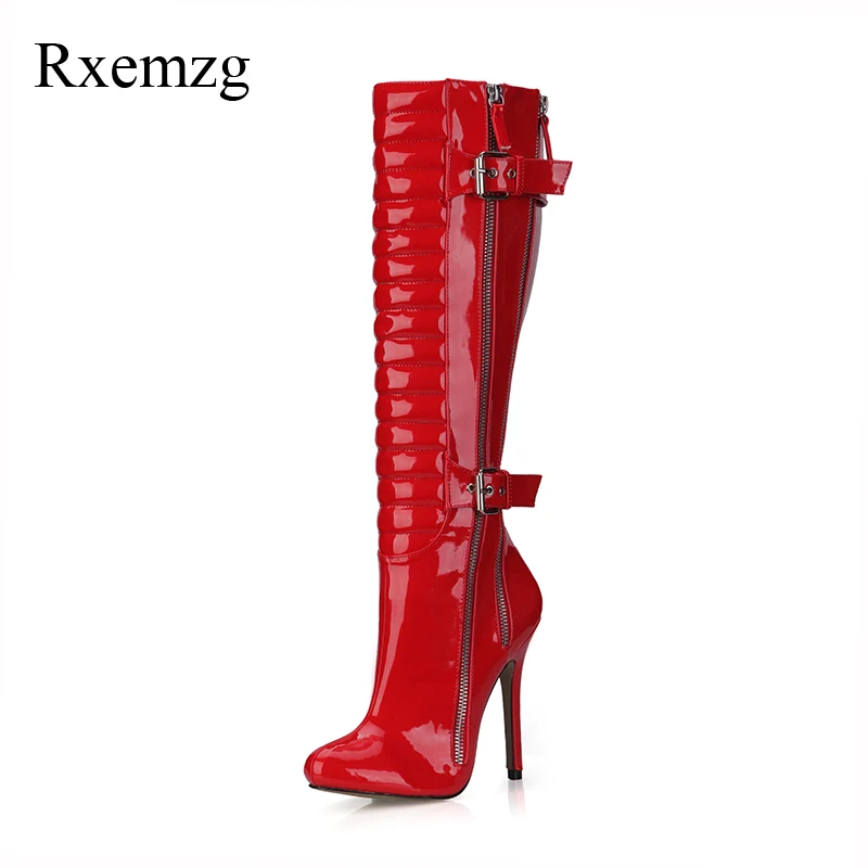 

Rxemzg autumn winter women shoes big size 43 round toe women shoes high heels side zipper knee high boots buckle red boots woman