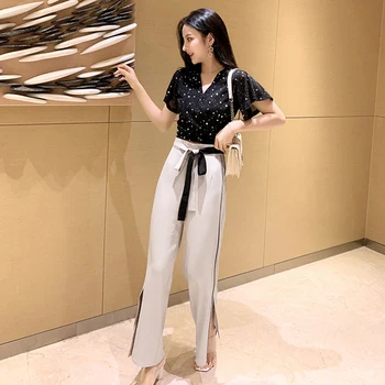 

Casual V Neck Chic New Two Piece Set Bow Striped Korean 2 Pcs Set Fashion Brief Open Side Split Conjunto Feminino