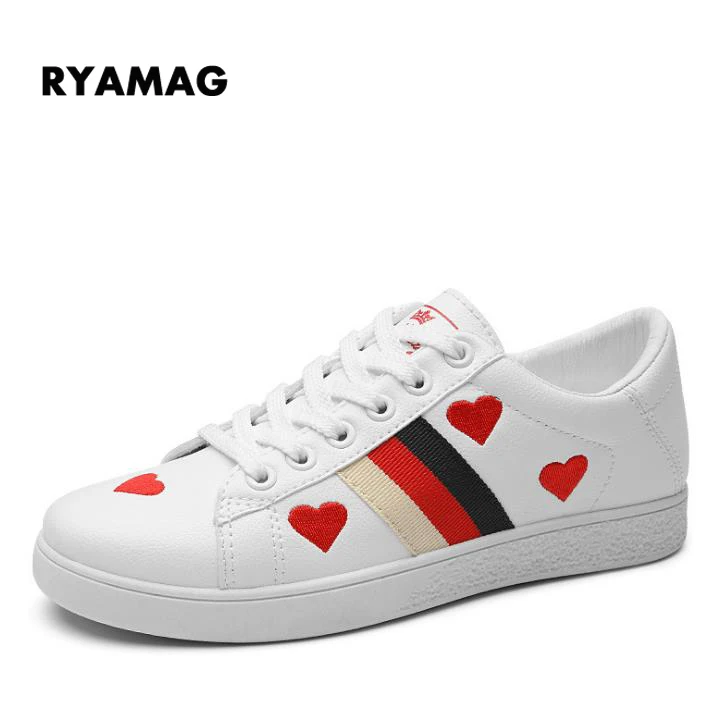 

Women's Shoes Casual Microfiber Love White Shoes Lace Up Sneakers for Girls 2018 Flats Breathable Vulcanized Shoes Size 35-40