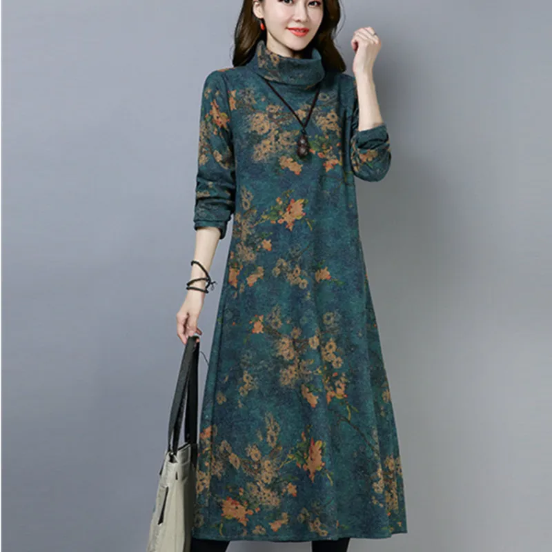 

Women Autumn Winter Dress Floral Casual Midi Dresses Elegant Pockets Cotton Linen Female vintage dress Vestidos Plus Size M-3XL
