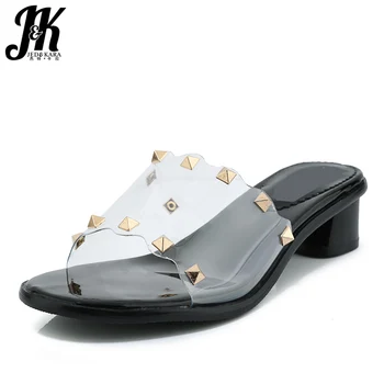 

JK Plus Size 46 Transparent Pvc Slippers Women Open Toe Footwear Med Heels Shoes Slides Female Studded Mules Shoes Woman Summer