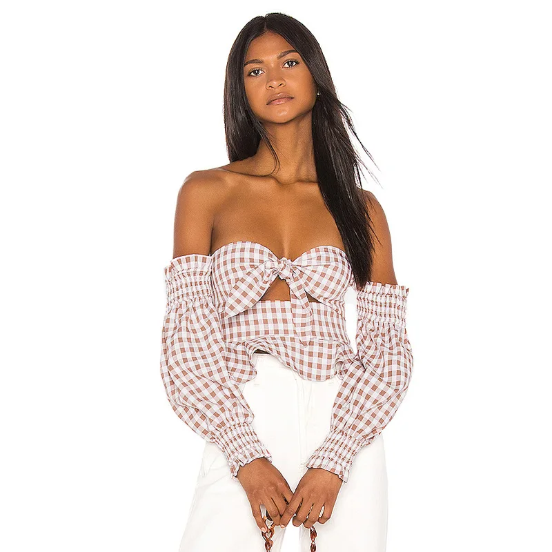 Cryptographic Fashion Slash neck Plaid Female Tops Strapless Backless Streetwear Bow Sexy Clothing For Women Autumn 2019 New