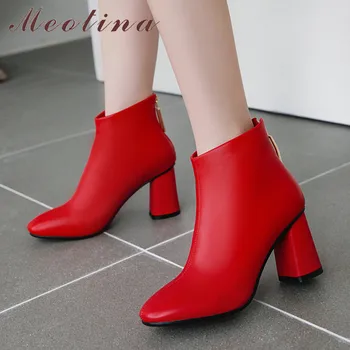 

Meotina Winter Ankle Boots Women Boots Crystal Block High Heels Short Boots Zipper Square Toe Shoes Lady Autumn Red Plus Size 46