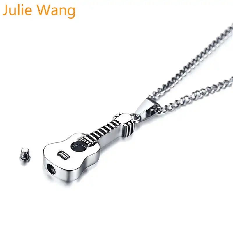 

Julie Wang Stainless Steel Guitar Necklace Silver Urn Pendant Men Women Keepsake Ashes Memorial Pet Cremation Fashion Jewelry