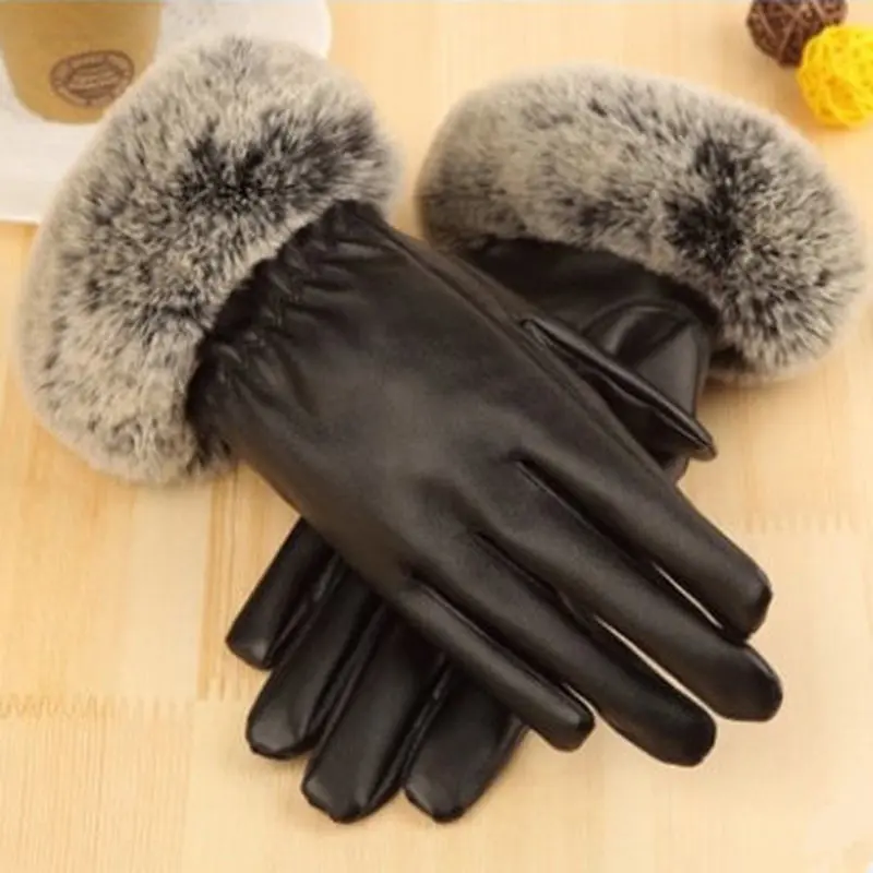 

Touch Screen Gloves PU Leather Women Gloves Waterproof Faux Rabbit Fur Thick Warm Spring Winter Gloves