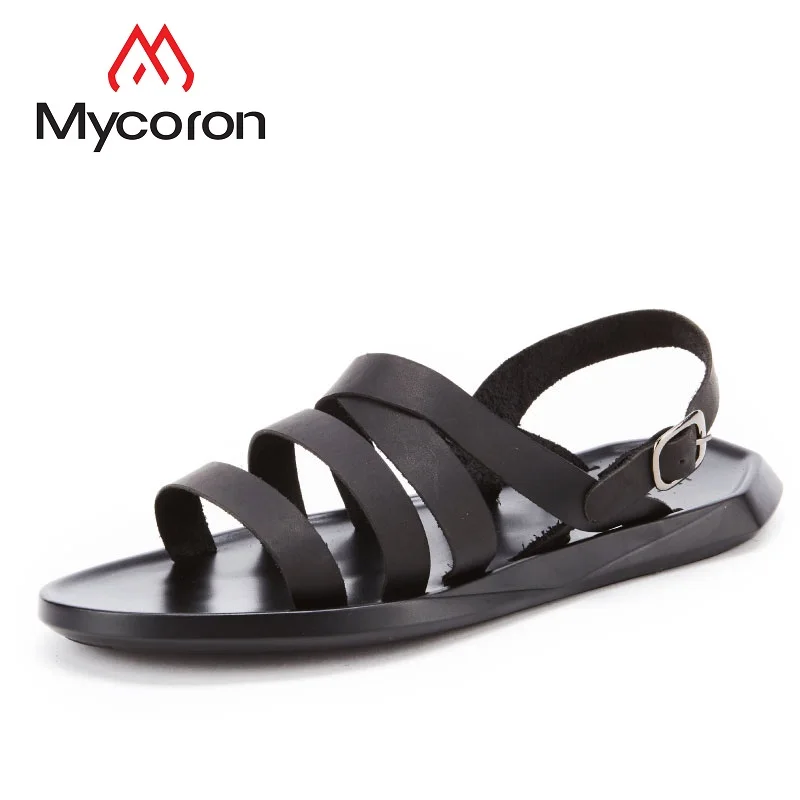 

MYCORON Luxury Italian Brand Genuine Leather Buckle Strap Sandal Handmade Men Casual Flat Rubber Sole Antiskid Shoes Sandals
