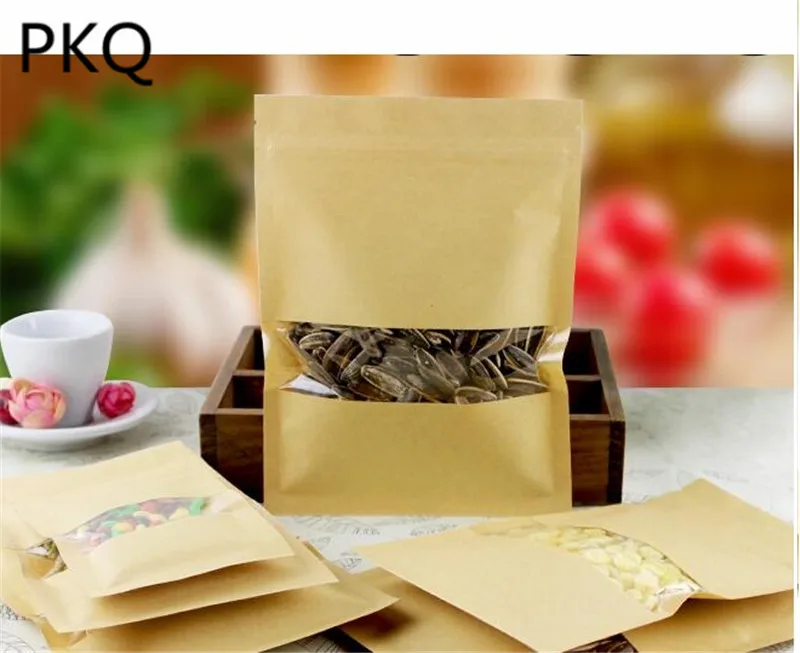 

10pcs Kraft Paper Pouch Favor Gift Bags Food Zip Lock Packaging Coffee Bags With Window Wedding Candy Treat Bags