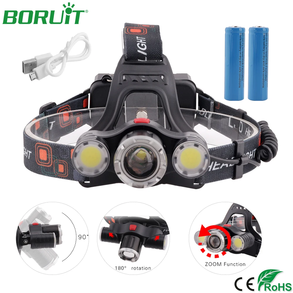 

BORUiT XML T6 LED Headlamp Flashlight Zoomable USB Rechargeable Headlights Lanterna Waterproof Camping Hunting Head Torch 18650