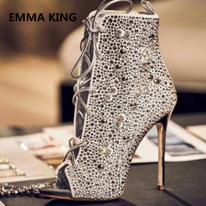 

Full Crystal Studs Women Summer Ankle Sandals Boots Peep Toe Hollow Sexy High Heels Elegant Ladies Shoes Woman Gladiator Sandals