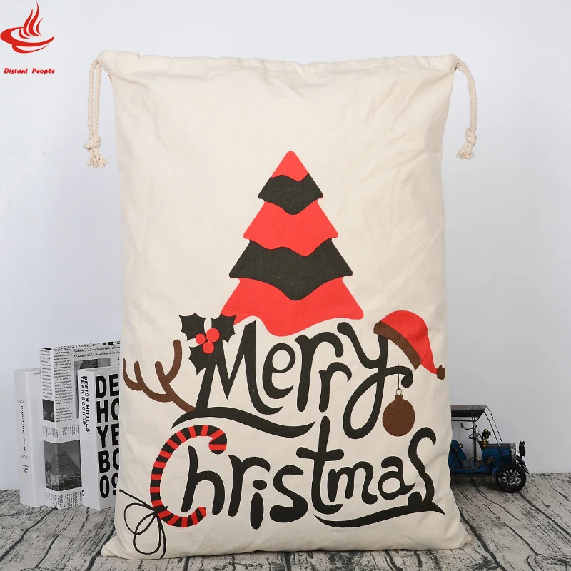 

Large Capacity Christmas bag 50*70cm Santa Sacks Christmas Decor Canvas Drawstring Storage Bag With Reindeers Santa Claus