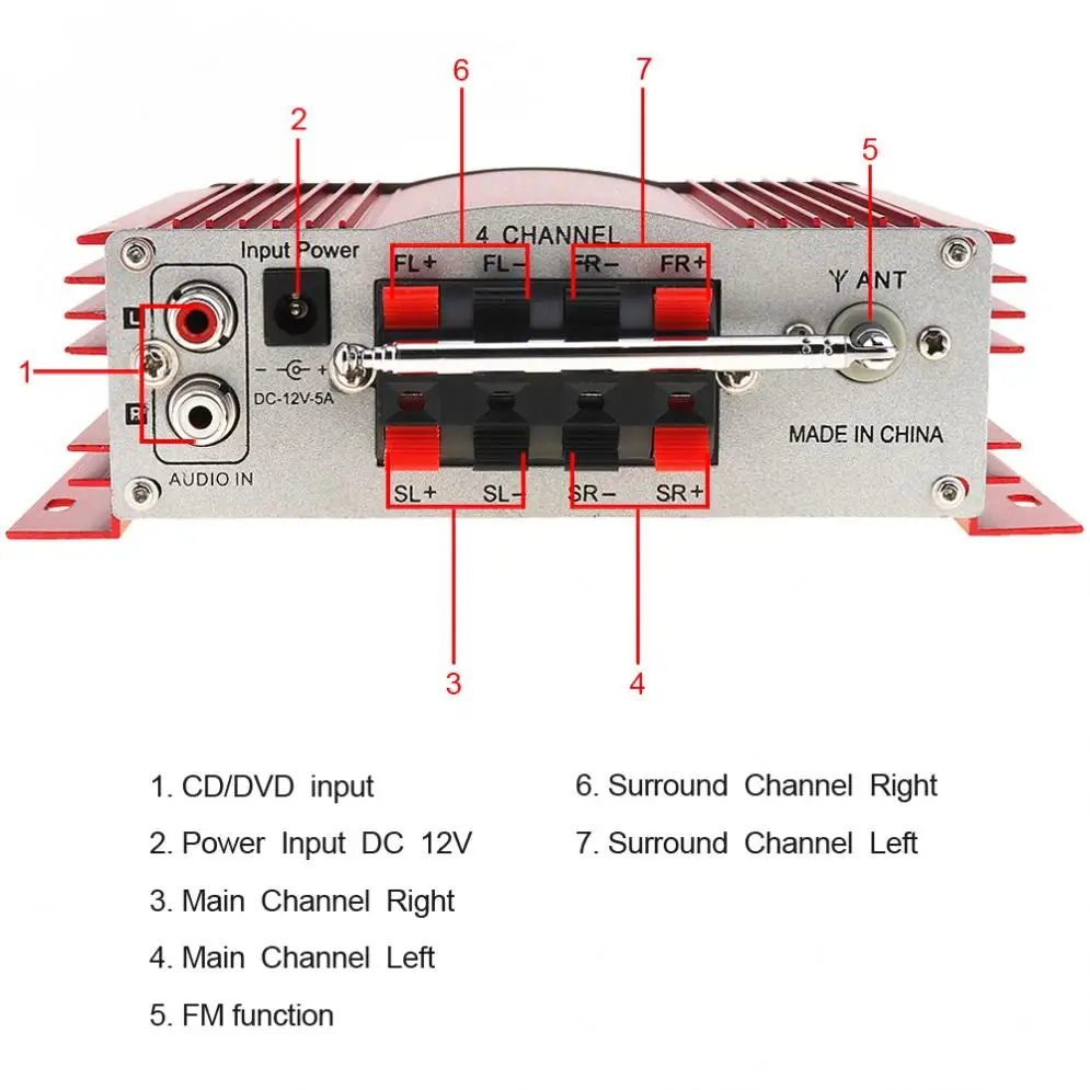 12V Hi-Fi Digital LED Display 2 Channels Car Stereo Amplifier FM Radio Player Support USB / SD / FM MMC DVD MP3 Input